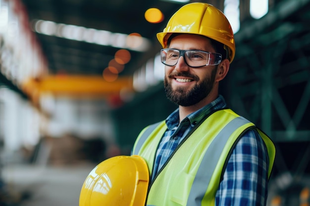 Foto trabalhador industrial feliz com medidas de segurança de capacete de segurança mão de obra qualificada