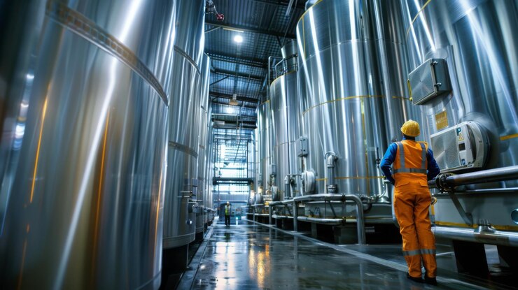 Foto trabalhador inspeciona tanques de aço inoxidável em instalações industriais à noite