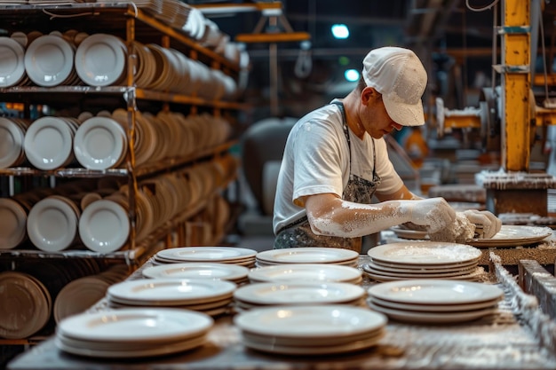 Trabalhador inspecionando placas de cerâmica em uma fábrica Processo de fabricação industrial