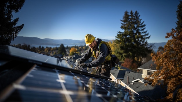 Trabalhador instalando painéis de energia fotovoltaica Energia renovável da luz solar generativa AI