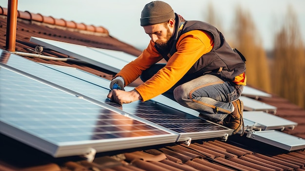 Trabalhador instalando painéis solares em uma casa trabalhando durante um dia ensolarado de energia limpa renovável