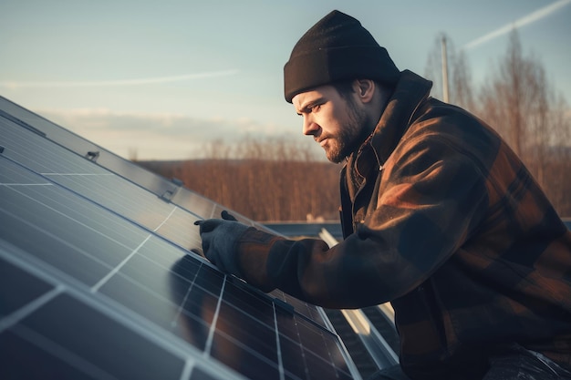 Trabalhador instalando painéis solares