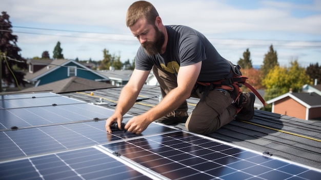 Trabalhador instalando painel solar no telhado contra a luz do sol