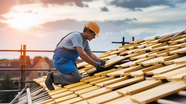 Trabalhador latino instalando telhas de cerâmica amarelas montadas em tábuas de madeira que cobrem residenciais