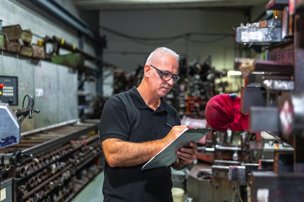 Trabalhador maduro fazendo inventário em uma fábrica metalúrgica