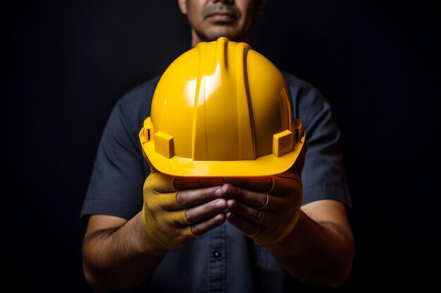 Foto trabalhador mão masculina com capacete amarelo gerar ai