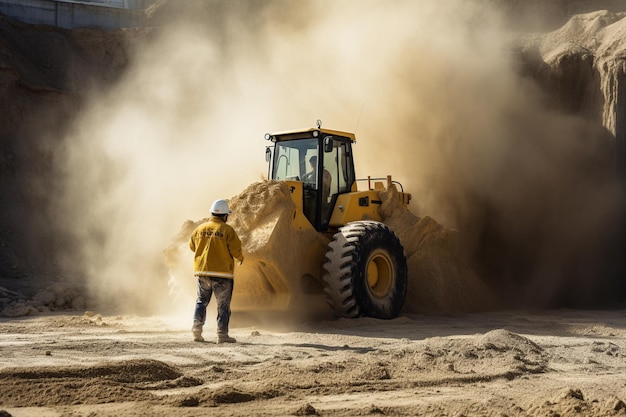 trabalhador masculino com buldózer em uma pedreira de areia
