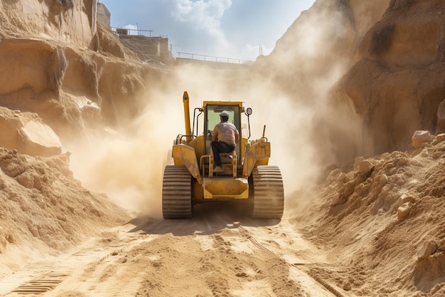 trabalhador masculino com buldózer em uma pedreira de areia