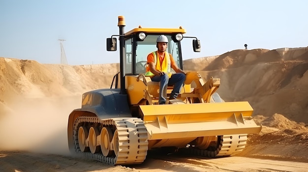 Trabalhador masculino com uma escavadeira em uma pedreira de areia
