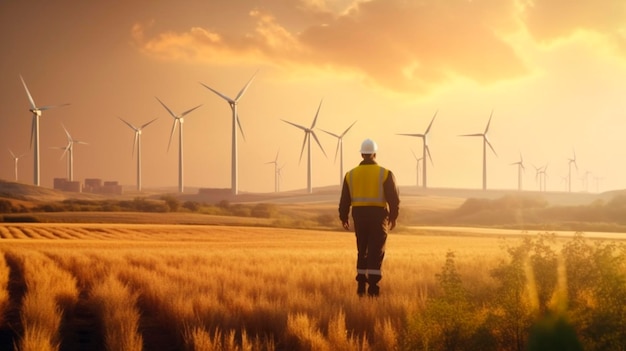 Trabalhador masculino do campo de turbinas eólicas de engenheiro de moinho de vento ou fonte de energia limpa de fazenda Generative AI