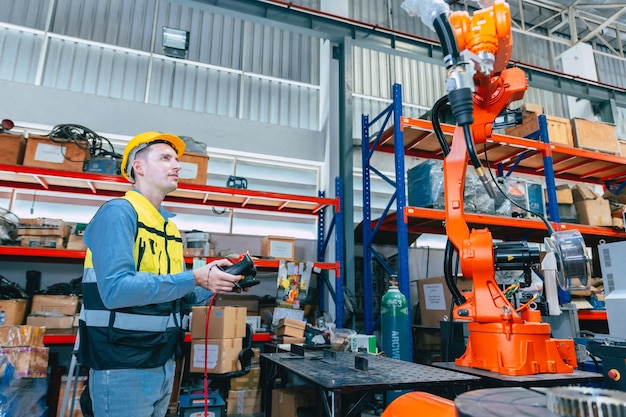 Trabalhador masculino engenheiro caucasiano trabalhando em fábrica de metal com controlador e monitor de programador de máquina de solda de robô