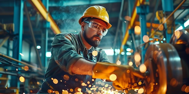 Foto trabalhador masculino focado com um chapéu de segurança e óculos de segurança operando máquinas pesadas em um ambiente industrial