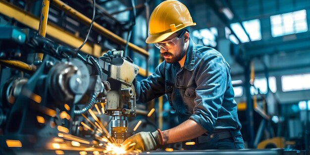 Trabalhador masculino focado com um chapéu de segurança e óculos de segurança operando máquinas pesadas em um ambiente industrial