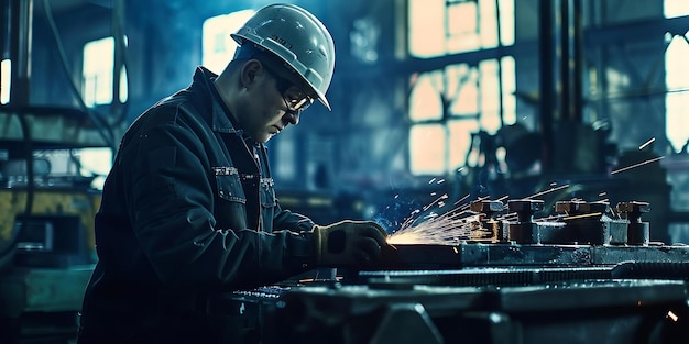 Foto trabalhador masculino focado com um chapéu de segurança e óculos de segurança operando máquinas pesadas em um ambiente industrial