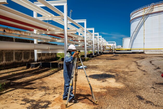 Trabalhador masculino pesquisa câmera inspeção visual oleoduto e indústria de gasoduto de gás e vapor