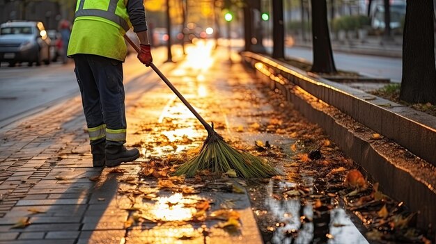 Trabalhador municipal varrendo a estrada no dia de outono