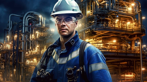 Trabalhador no armazenamento de gás natural do campo petrolífero em segundo planoRefinaria