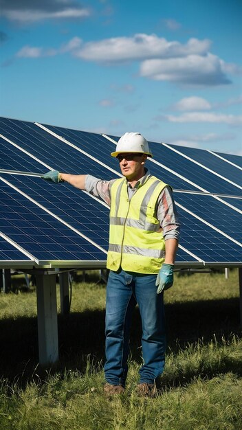 Foto trabalhador no campo junto aos painéis solares