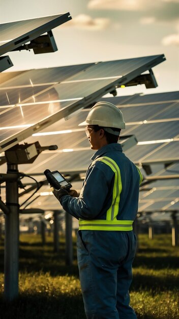 Foto trabalhador no campo junto aos painéis solares