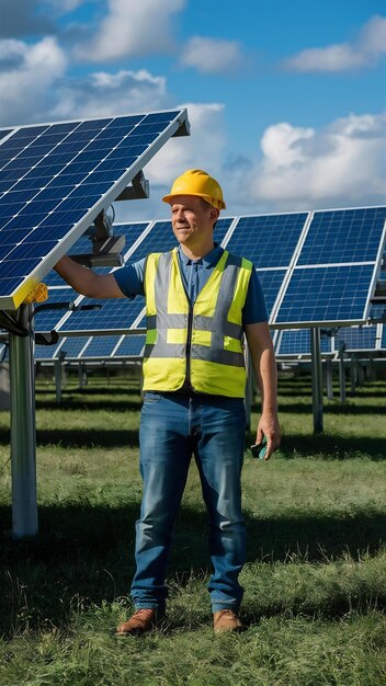 Trabalhador no campo junto aos painéis solares