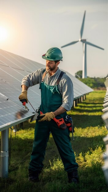 Foto trabalhador no campo junto aos painéis solares