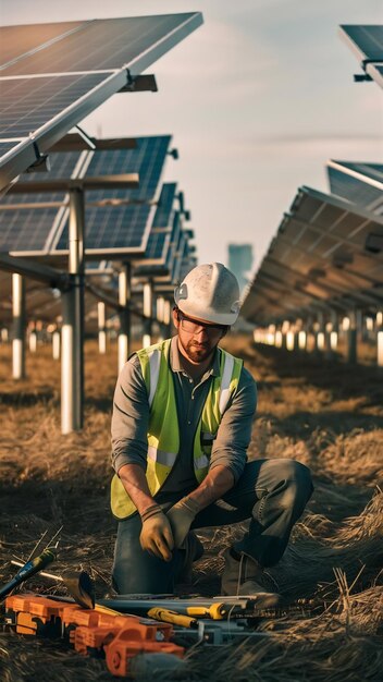 Foto trabalhador no campo junto aos painéis solares