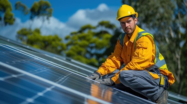 Trabalhador no telhado a instalar painéis solares a usar capacete de segurança e uniformejpg