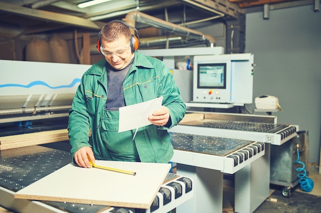 Trabalhador operando máquinas controladas por computador na fábrica