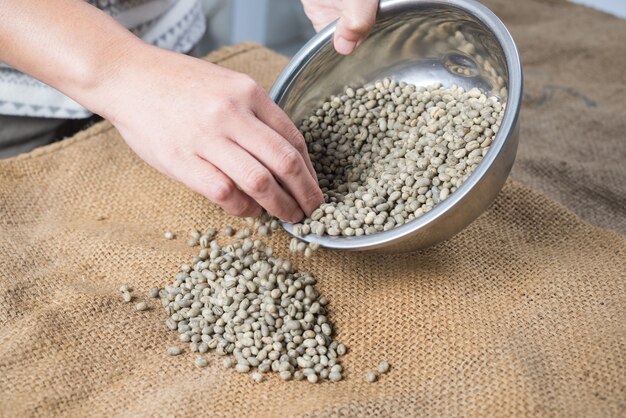 Foto trabalhador, ordenando, cru, feijões café