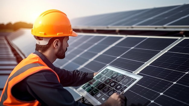 Trabalhador ou engenheiro de energia solar com seu tablet verificando uma nova usina de energia solar