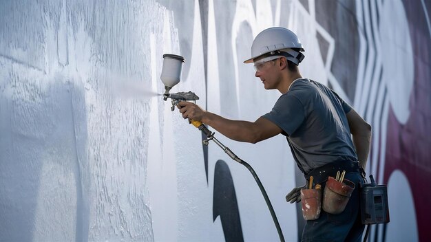 Foto trabalhador pintando a parede com uma pistola de pulverização em cor branca