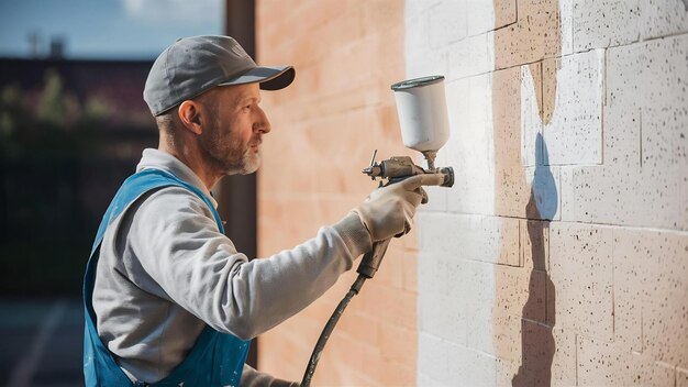 Foto trabalhador pintando a parede com uma pistola de pulverização em cor branca