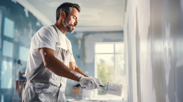 Trabalhador pintor asiático pinta uma parede com um rolo de pintura Repintando as paredes dentro da casa