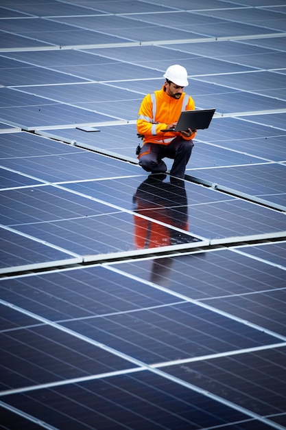 Trabalhador profissional com computador portátil controlando a produção de eletricidade da usina de energia solar