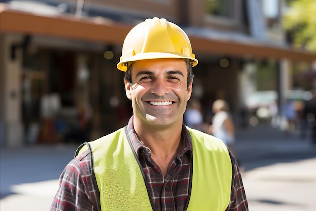 Trabalhador profissional da construção masculino usando capacete de proteção em um canteiro de obras ativo
