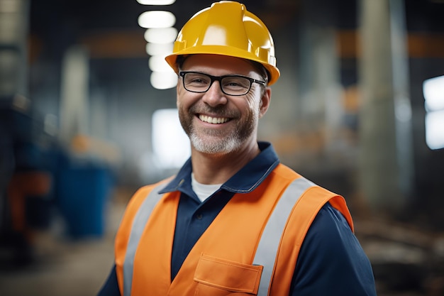 Trabalhador profissional da indústria pesada sorridente com uniforme de proteção e capacete disperso em grande fábrica industrial