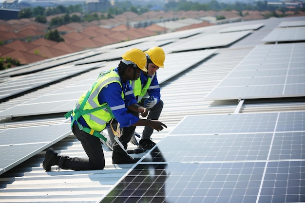 Trabalhador profissional instalando painéis solares no telhado de uma casa