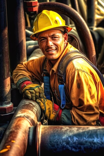 Trabalhador sorridente trabalhando em um capacete de segurança em um canteiro de obras