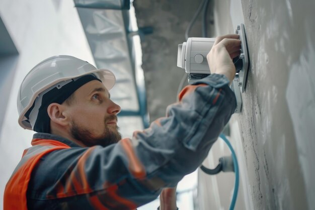 Trabalhador técnico a instalar uma câmara de videovigilância na parede