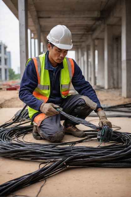 Foto trabalhador técnico de fiação de lan no local de construção trabalho de instalação do sistema de rede do centro de dados