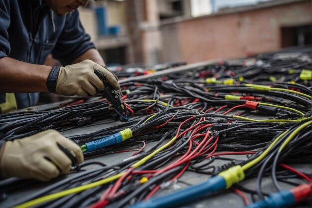 Foto trabalhador técnico de fiação de lan no local de construção trabalho de instalação do sistema de rede do centro de dados