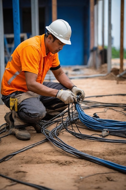 Foto trabalhador técnico de fiação de lan no local de construção trabalho de instalação do sistema de rede do centro de dados