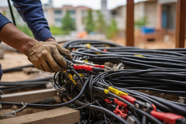 Foto trabalhador técnico de fiação de lan no local de construção trabalho de instalação do sistema de rede do centro de dados