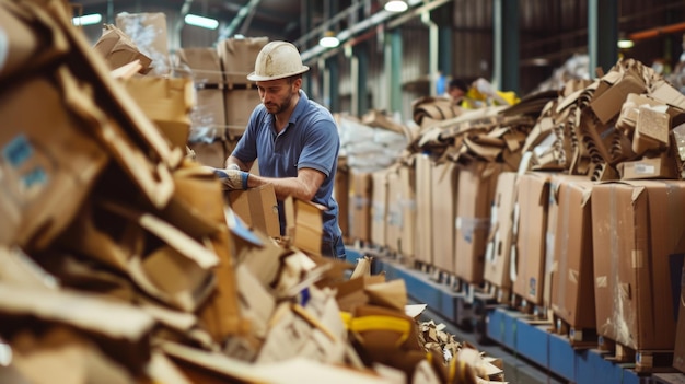 Trabalhador trabalhador no meio de um armazém cheio de papelão