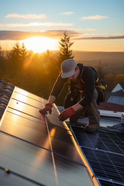 Foto trabalhador trabalhando no telhado instalando painéis solares