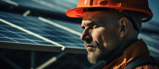 Trabalhador usando capacete colete de segurança laranja na frente dos painéis solares