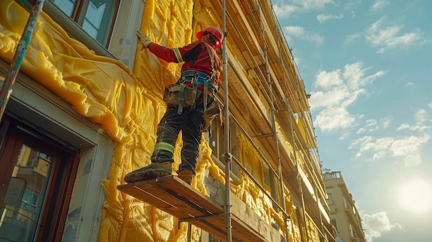 Trabalhador usando capacete de segurança no canteiro de obras Foco seletivo