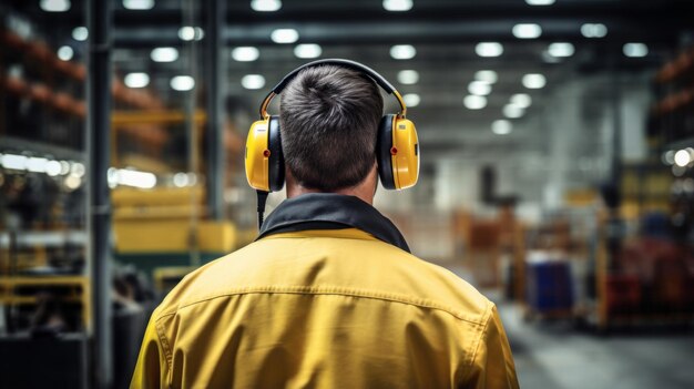 Trabalhador usando fones de ouvido de segurança em ambientes fechados vista traseira Proteção auditiva.