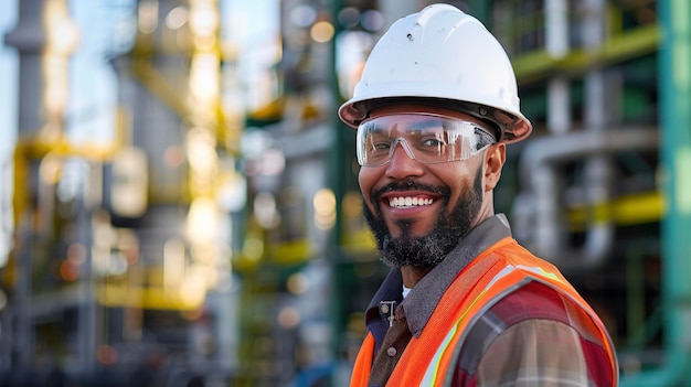 Trabalhador usando óculos de segurança, um capacete branco e de pé na frente de uma fábrica petroquímica