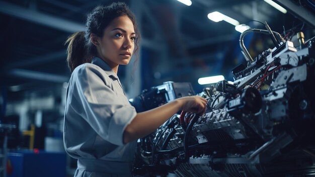 Trabalhadora confiante que opera habilmente máquinas numa moderna fábrica de automóveis